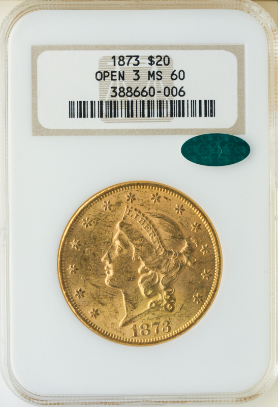 1873 $20 Liberty Open 3 NGC MS60 CAC