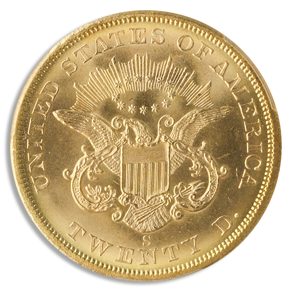 1857-S $20 Liberty SSCA PCGS MS67 CAC
