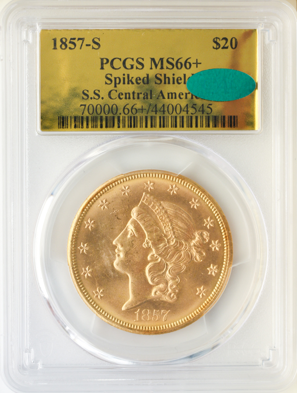 1857-S $20 Liberty Spiked Shield SSCA PCGS MS66 CAC +