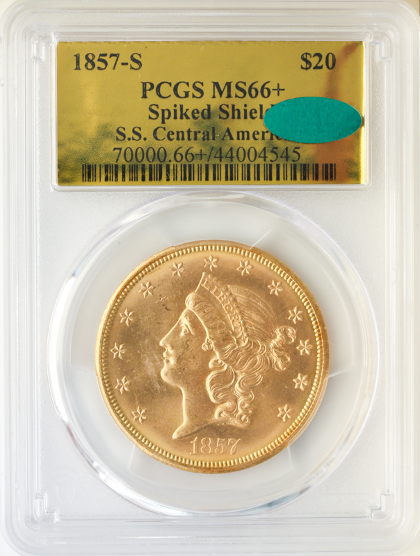 1857-S $20 Liberty Spiked Shield SSCA PCGS MS66 CAC + 1857-S $20 Liberty Spiked Shield SSCA PCGS MS66 CAC +