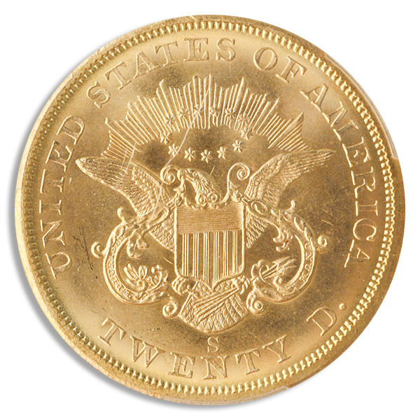 1857-S $20 Liberty Spiked Shield SSCA PCGS MS66 CAC + 1857-S $20 Liberty Spiked Shield SSCA PCGS MS66 CAC +