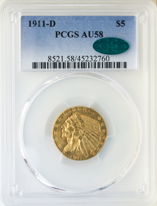 1911-D $5 Indian PCGS AU58 CAC 1911-D $5 Indian PCGS AU58 CAC