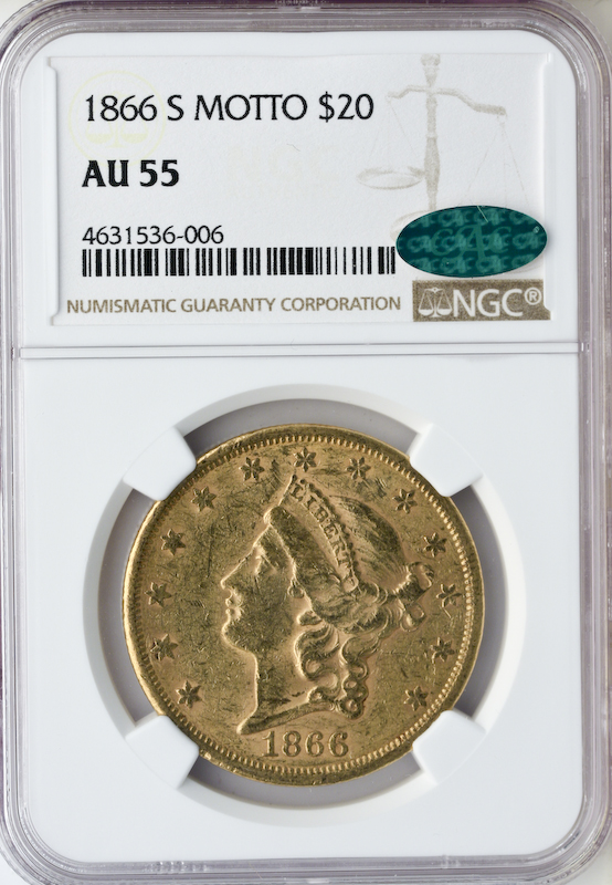 1866-S $20 Liberty W/M NGC AU55 CAC
