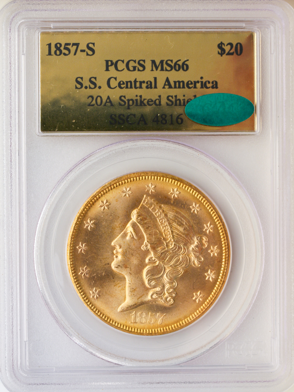 1857-S $20 Liberty S.S. Central America PCGS MS66 CAC