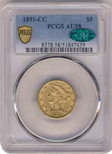 1891-CC $5 Liberty PCGS AU58 CAC