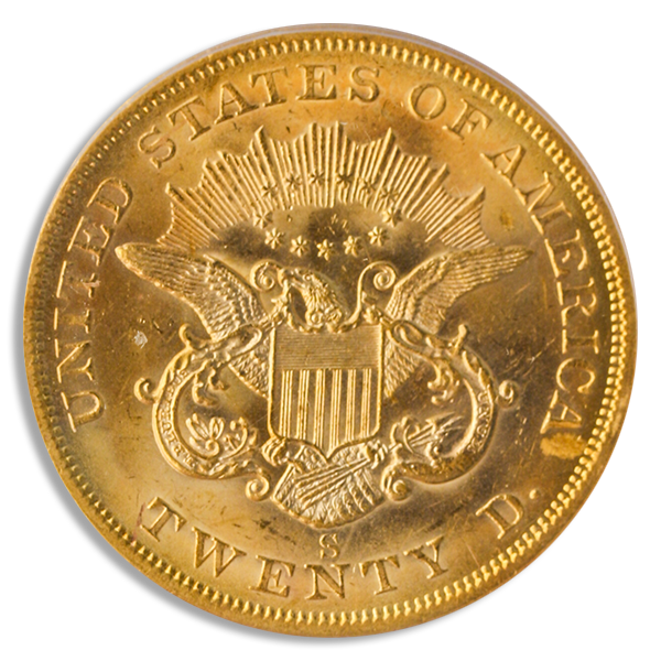 1856-S $20 Liberty SSCA Split Serif PCGS MS63 CAC