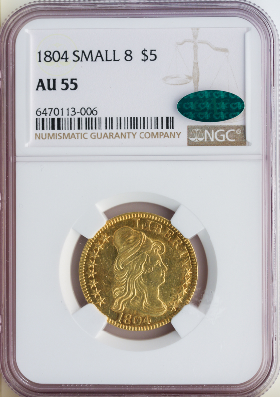1804 $5 Draped Bust Small 8 NGC AU55 CAC 1804 $5 Draped Bust Small 8 NGC AU55 CAC