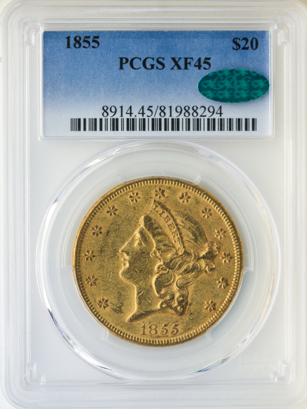 1855 $20 Liberty PCGS XF45 CAC