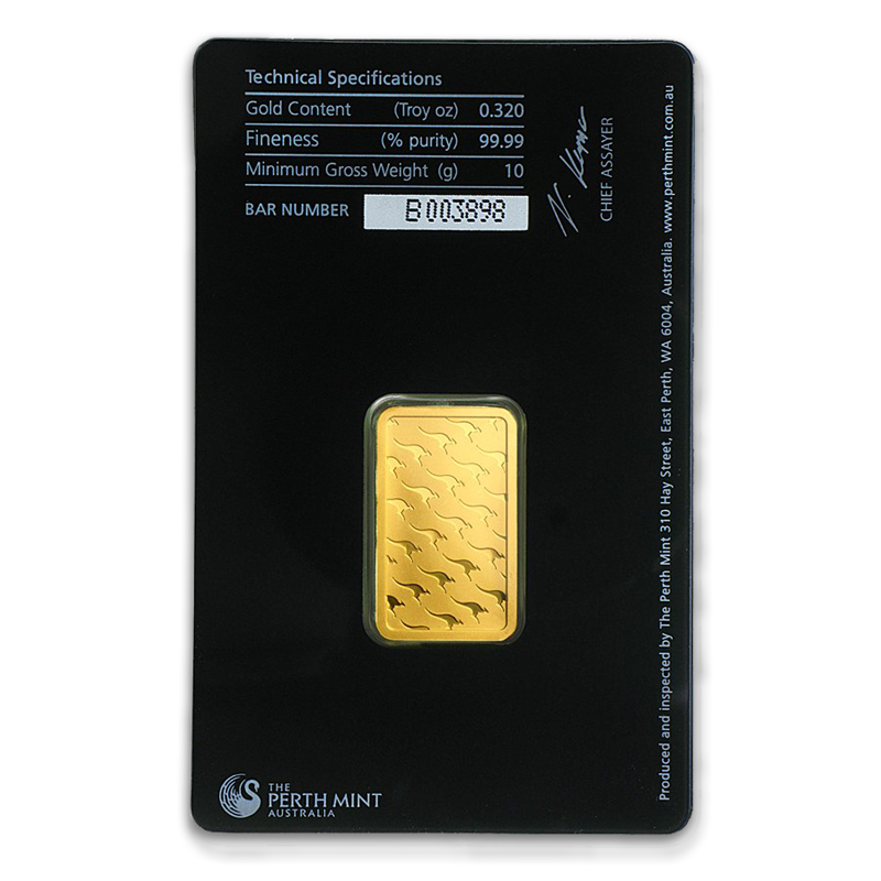 10 gram Perth Mint Gold Bar (New w/assay, Types Vary)
