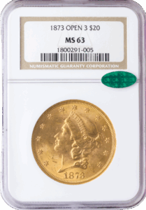 1873 $20 Liberty Open 3 NGC MS63 CAC