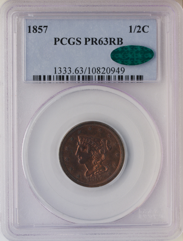 1857 Braided Hair Half Cent PCGS PR63 Red Brown CAC