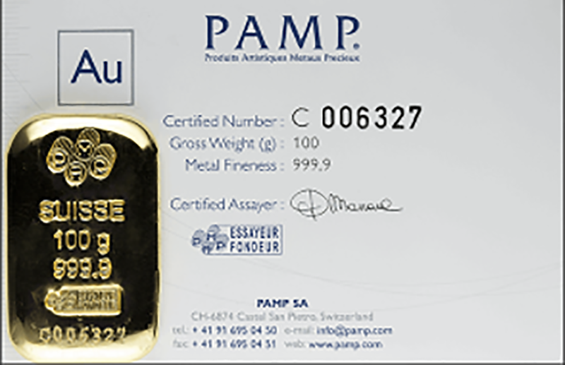 100 gram Pamp Mint Gold Bar (New w/Assay, Types Vary)