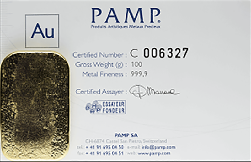 100 gram Pamp Mint Gold Bar (New w/Assay, Types Vary)