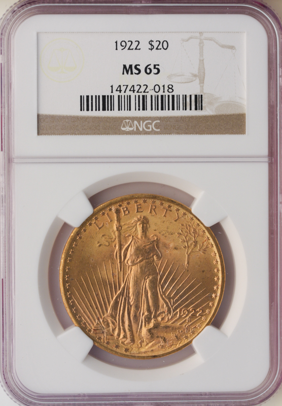 1922 $20 Saint Gaudens NGC MS65
