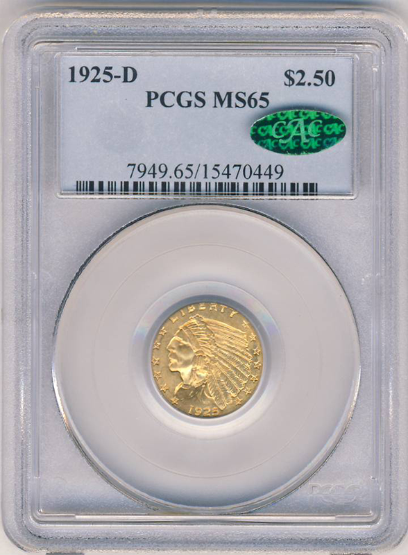 1925-D $2 1/2 Indian PCGS MS65 CAC 1925-D $2 1/2 Indian PCGS MS65 CAC
