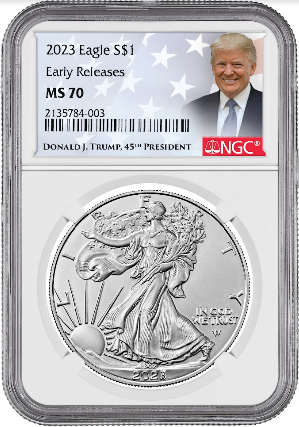 2023 Silver Eagle NGC MS70 Early Releases Donal Trump obverse slab
