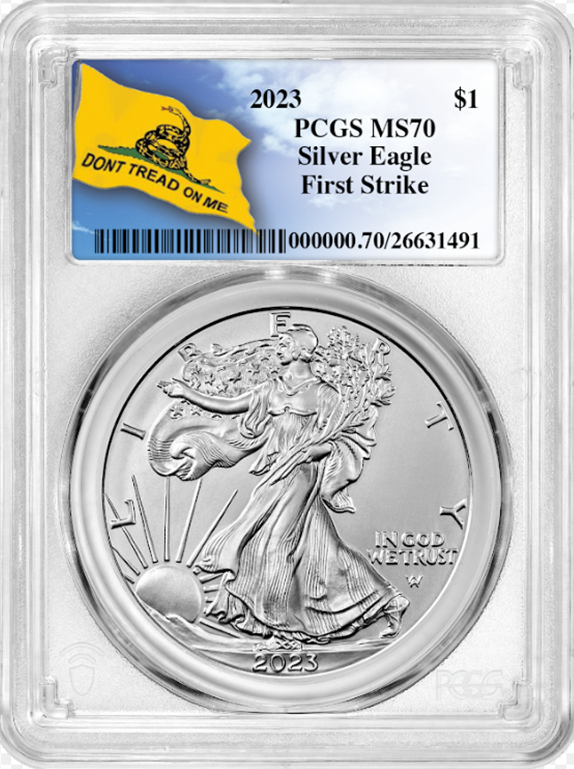 2023 1 oz silver eagle pcgs ms70 don't tread on me obverse slab