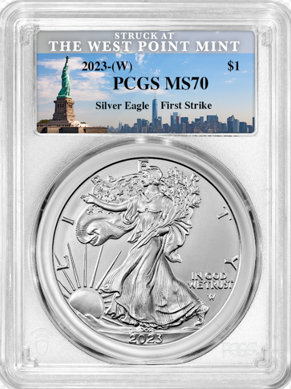 2023-w 1 oz silver eagle pcgs ms70 first strike statue of liberty obverse slab