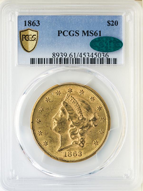 1863 $20 Liberty PCGS MS61 CAC
