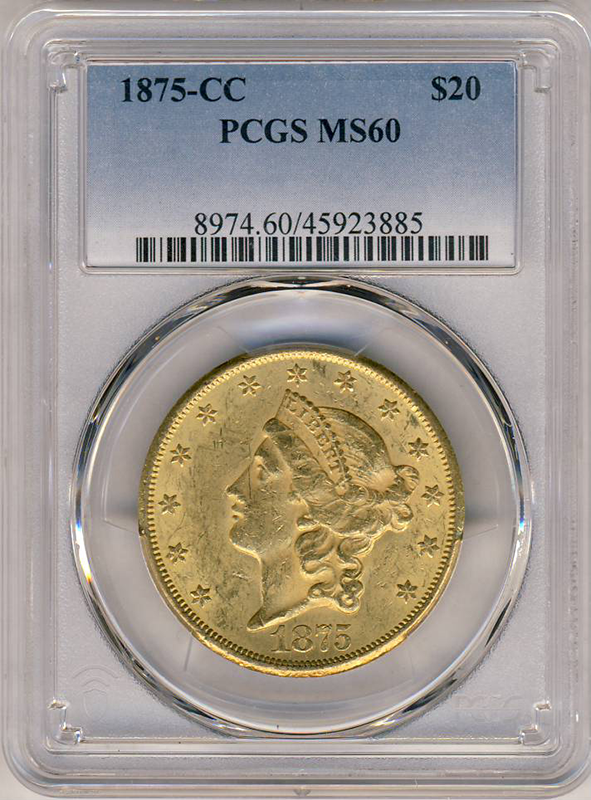 1875-CC $20 Liberty PCGS MS60