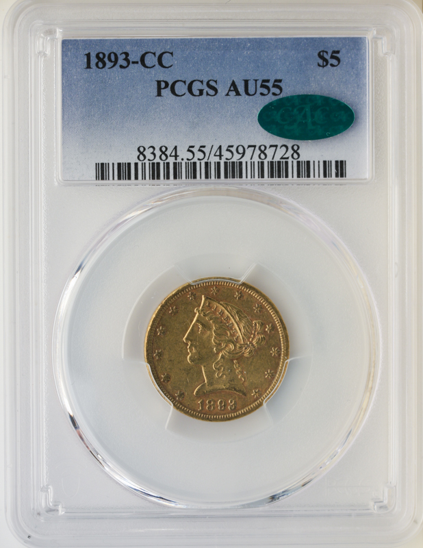 1893-CC $5 Liberty PCGS AU55 CAC 1893-CC $5 Liberty PCGS AU55 CAC
