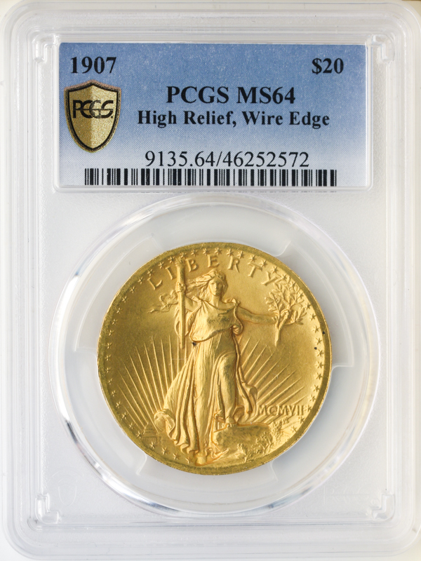 1907 $20 Saint Gaudens High Relief Wire Edge Gold Coin PCGS MS64