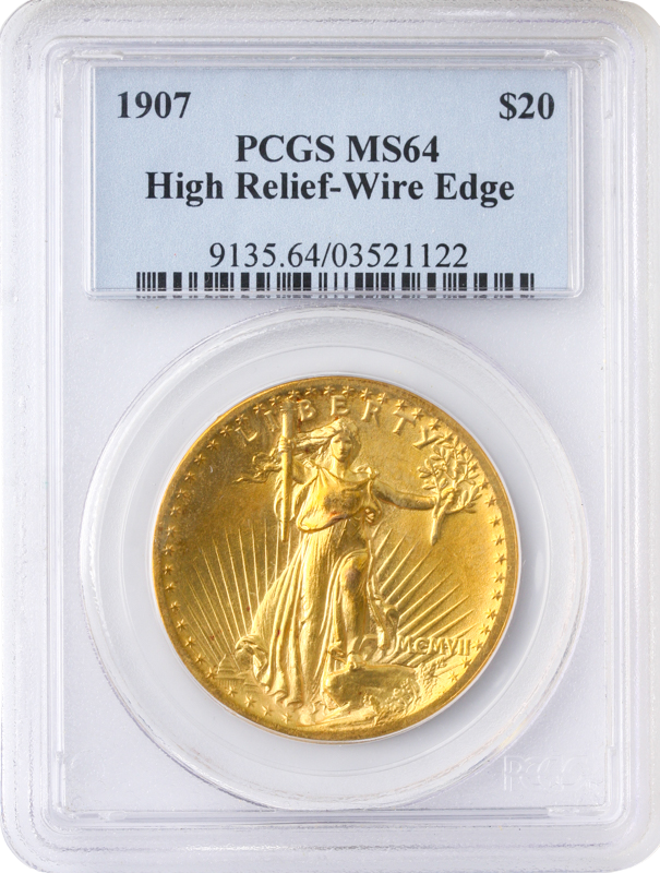1907 $20 Saint Gaudens High Relief Wire Edge Gold Coin PCGS MS64