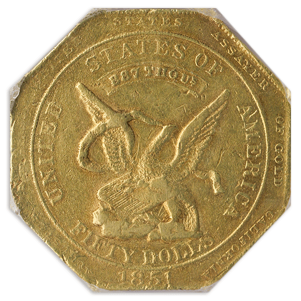 1851 $50 Humbert California Territorial Reeded Edge .887 PCGS XF40