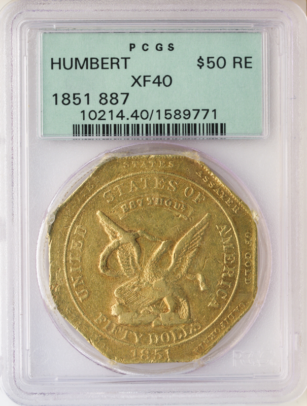1851 $50 Humbert California Territorial Reeded Edge .887 PCGS XF40