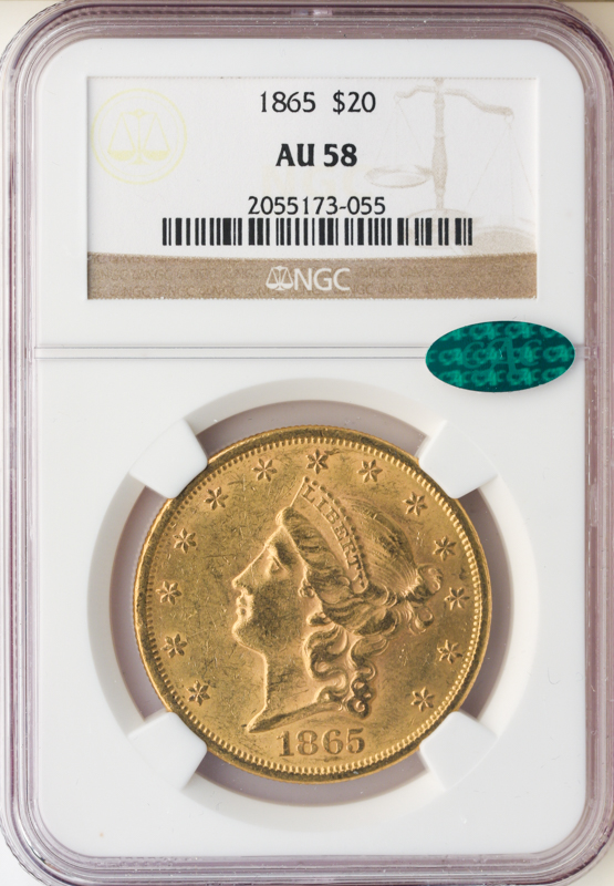 1865 $20 Liberty NGC AU58 CAC 1865 $20 Liberty NGC AU58 CAC