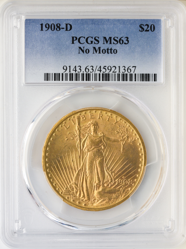 1908-D $20 Saint Gaudens No Motto PCGS MS63 1908-D $20 Saint Gaudens No Motto PCGS MS63