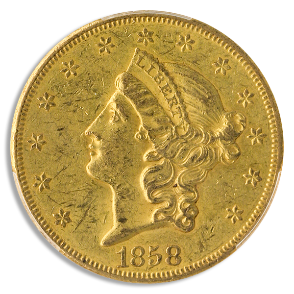 1858-O $20 Liberty PCGS AU58 CAC 1858-O $20 Liberty PCGS AU58 CAC