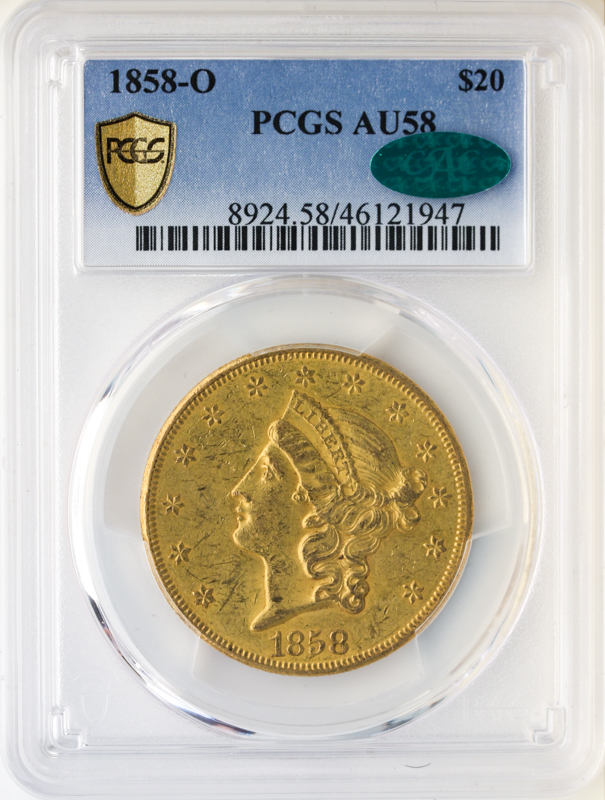 1858-O $20 Liberty PCGS AU58 CAC 1858-O $20 Liberty PCGS AU58 CAC