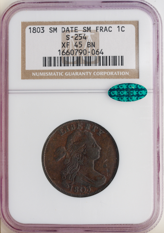 1803 Draped Bust Small Cent Small Fraction NGC XF45 CAC
