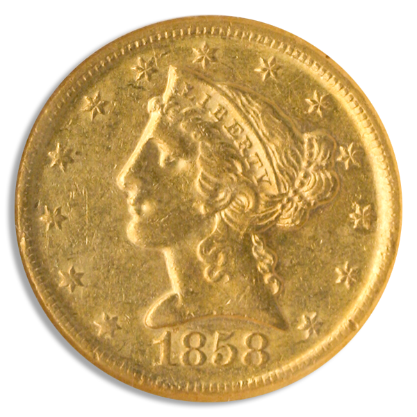 1858-D $5 Liberty NGC AU58