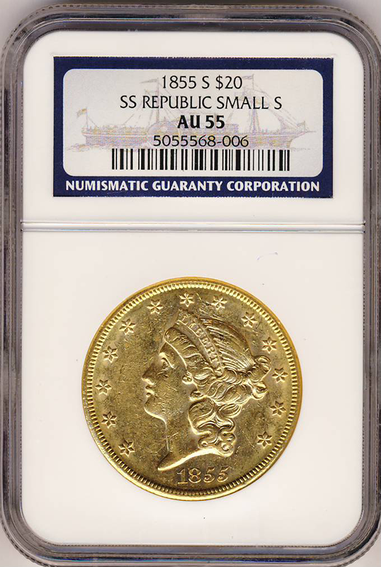 1855-S $20 Liberty S.S. Republic NGC AU55 1855-S $20 Liberty S.S. Republic NGC AU55