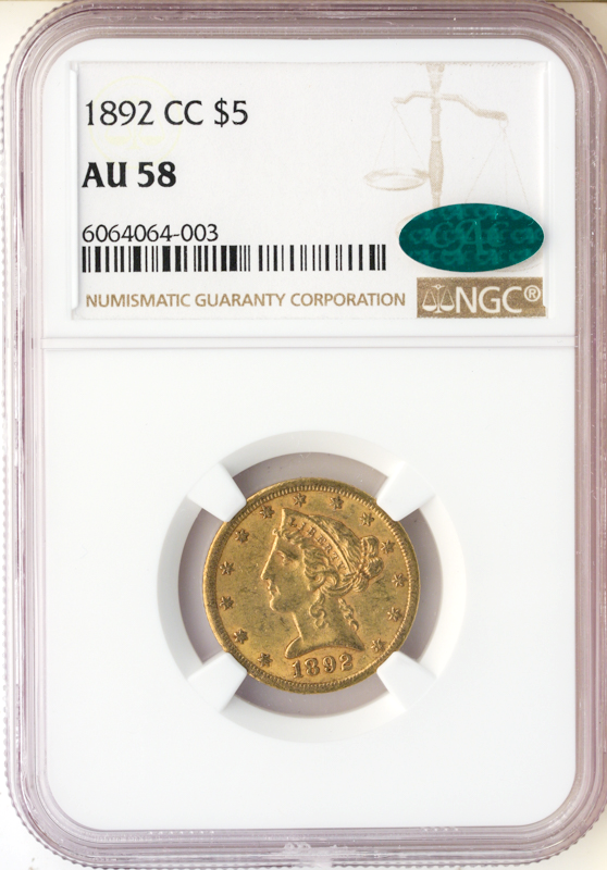1892-CC $5 Liberty NGC AU58 CAC 1892-CC $5 Liberty NGC AU58 CAC