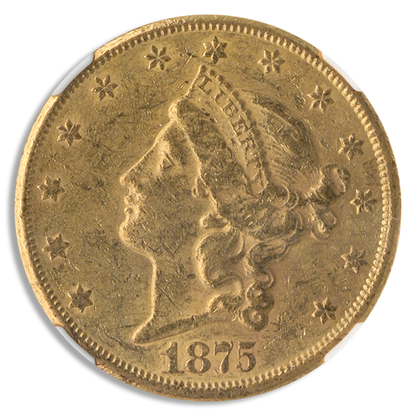 1875-CC $20 Liberty NGC AU55 CAC 1875-CC $20 Liberty NGC AU55 CAC