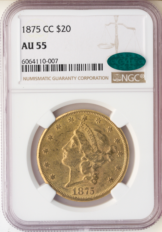 1875-CC $20 Liberty NGC AU55 CAC 1875-CC $20 Liberty NGC AU55 CAC