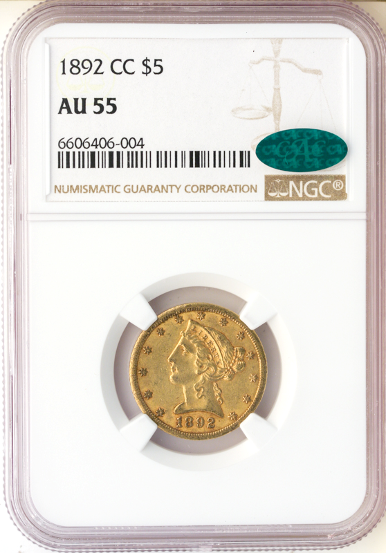 1892-CC $5 Liberty NGC AU55 CAC 1892-CC $5 Liberty NGC AU55 CAC