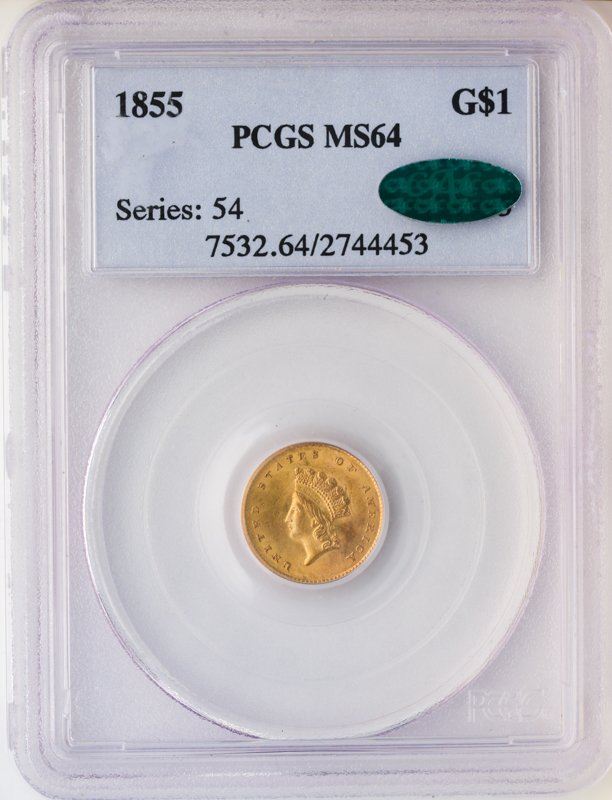 1855 $1 Gold Type 2 PCGS MS64 CAC