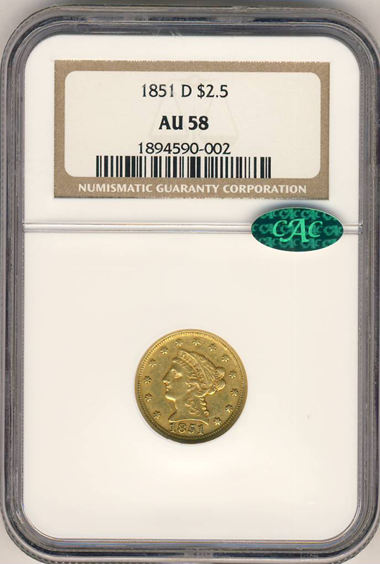 1851-D $2.50 Liberty NGC AU58 CAC 1851-D $2.50 Liberty NGC AU58 CAC