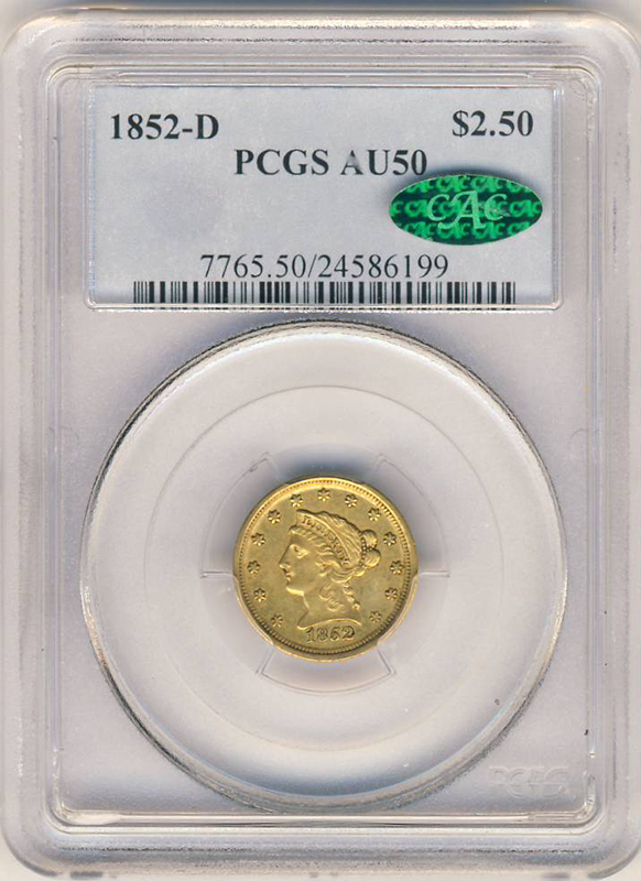 1852-D $2.50 Liberty PCGS Au50 CAC 1852-D $2.50 Liberty PCGS Au50 CAC