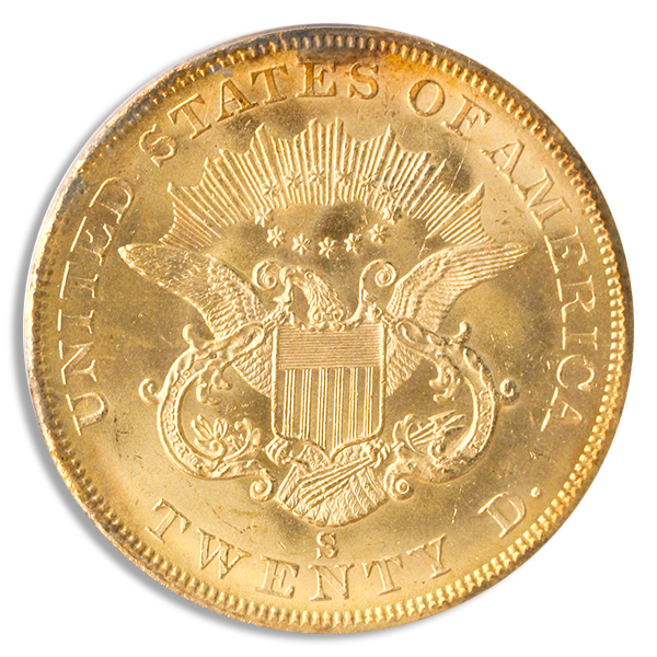1857-S $20 Liberty SSCA Bold S PCGS MS63
