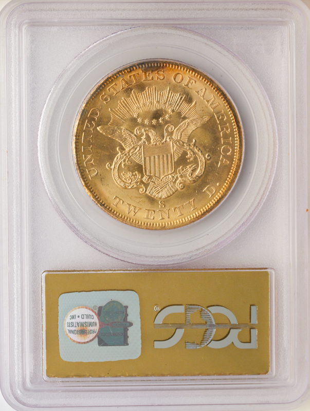 1857-S $20 Liberty SSCA Bold S PCGS MS63