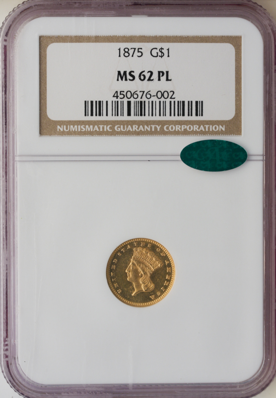 1875 $1 Gold Indian Princess NGC MS62 Proof Like CAC 1875 $1 Gold Indian Princess NGC MS62 Proof Like CAC