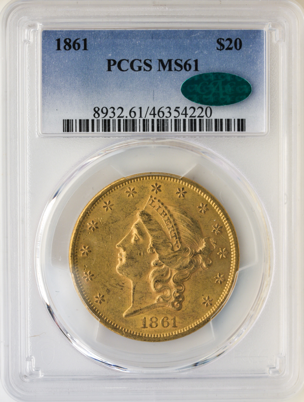 1861 $20 Liberty PCGS MS61 CAC