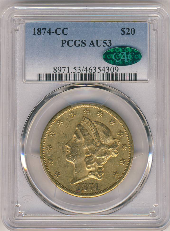 1874-CC $20 Liberty PCGS AU53 CAC