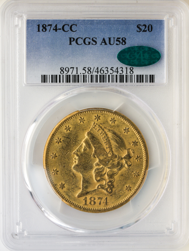 1874-CC $20 Liberty PCGS AU58 CAC 1874-CC $20 Liberty PCGS AU58 CAC