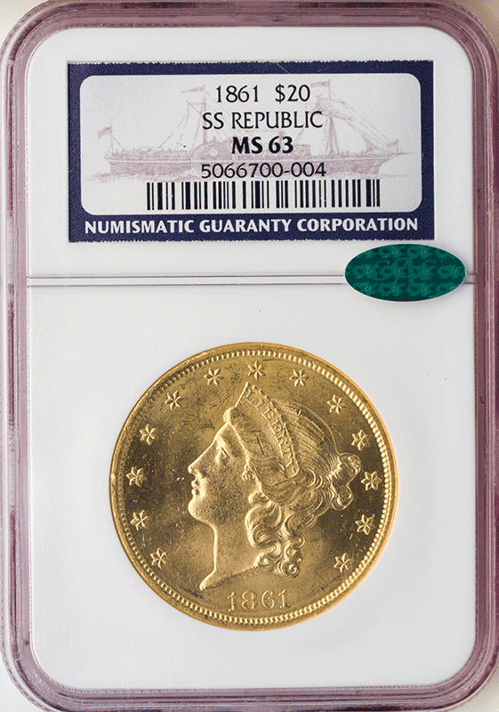 1861 $20 Liberty S.S. Republic NGC MS63 CAC 1861 $20 Liberty S.S. Republic NGC MS63 CAC